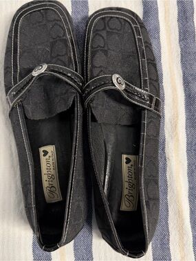 Brighton Black Monogram Slip On Loafers Shoes Made in Italy Leather Trim